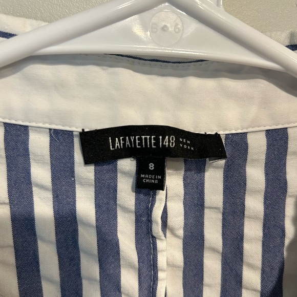 Lafayette 148 New York Blue and White Striped Textured Cotton Button Down Shirt - Picture 4 of 6